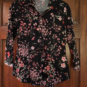 New York & Company Black and Pink Floral Button Down Shirt